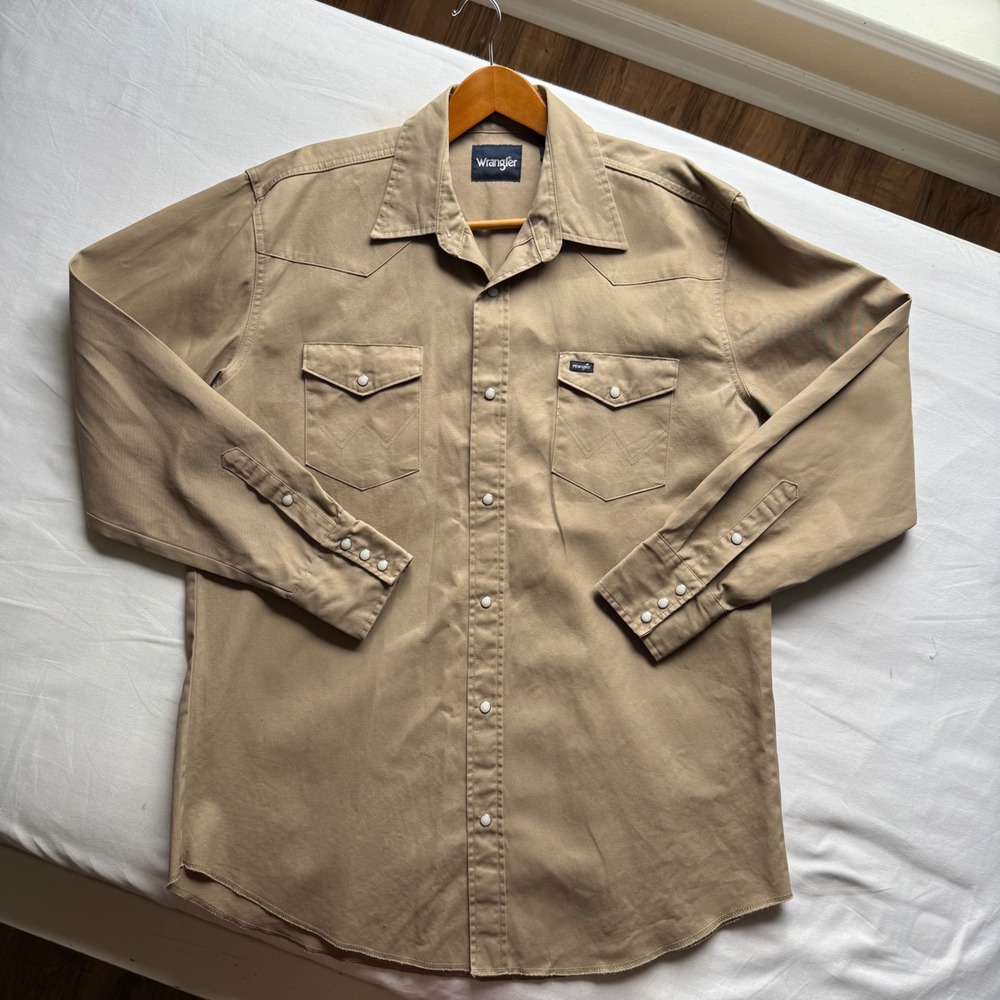 Wrangler Mens Western Pearl Snap Shirt Cowboy Cut Firm Finish Khaki XLT Tall
